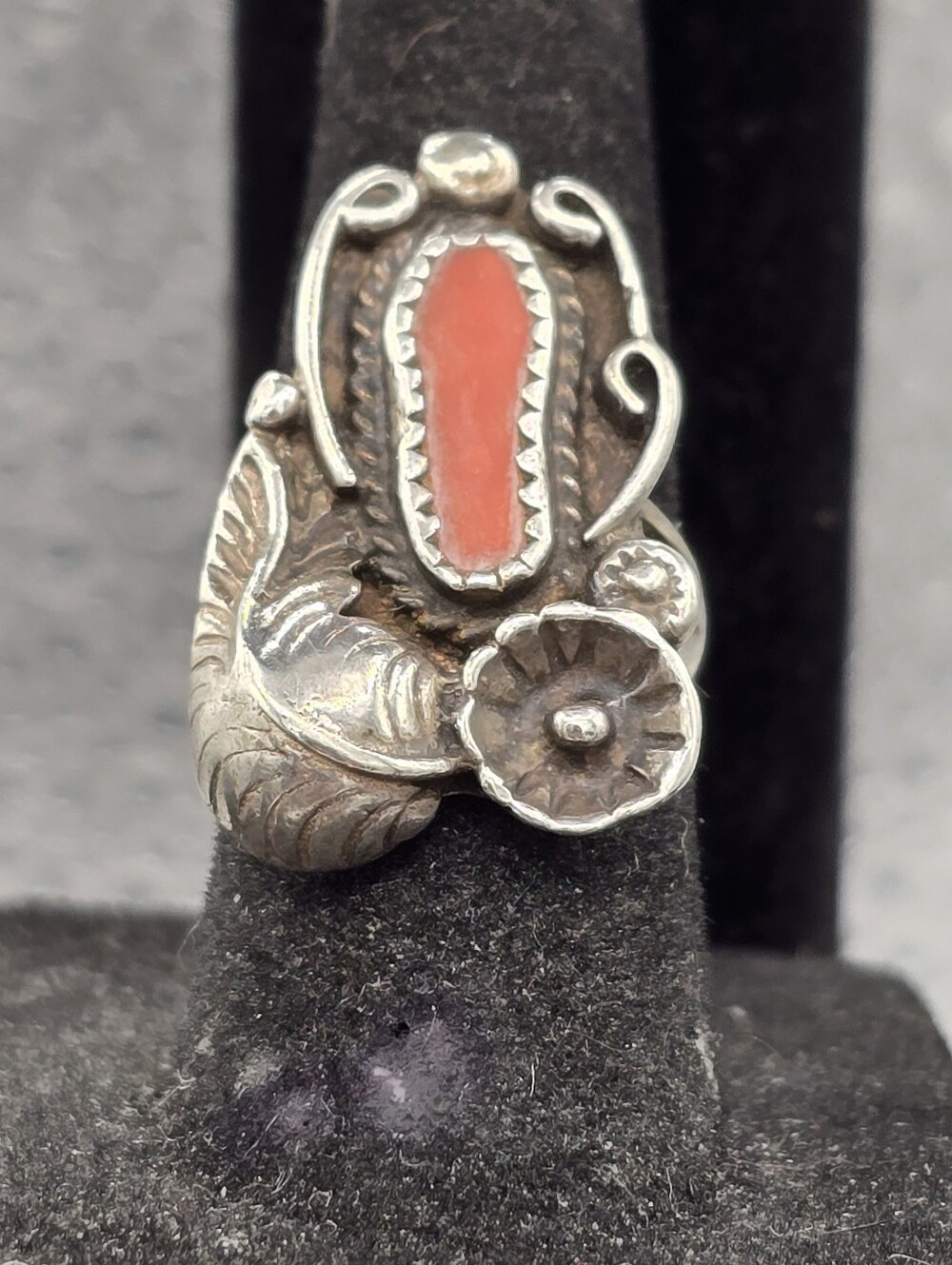 Vtg Native American Signed G.H.B Sterling Silver and Red Coral Ring Size 4.75